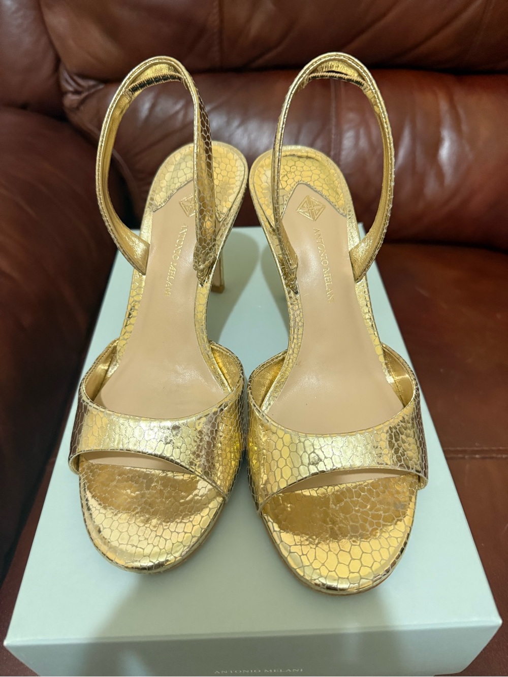 ANTONIO MELANI Metallic Gold Snake-Embossed Slingback Heels